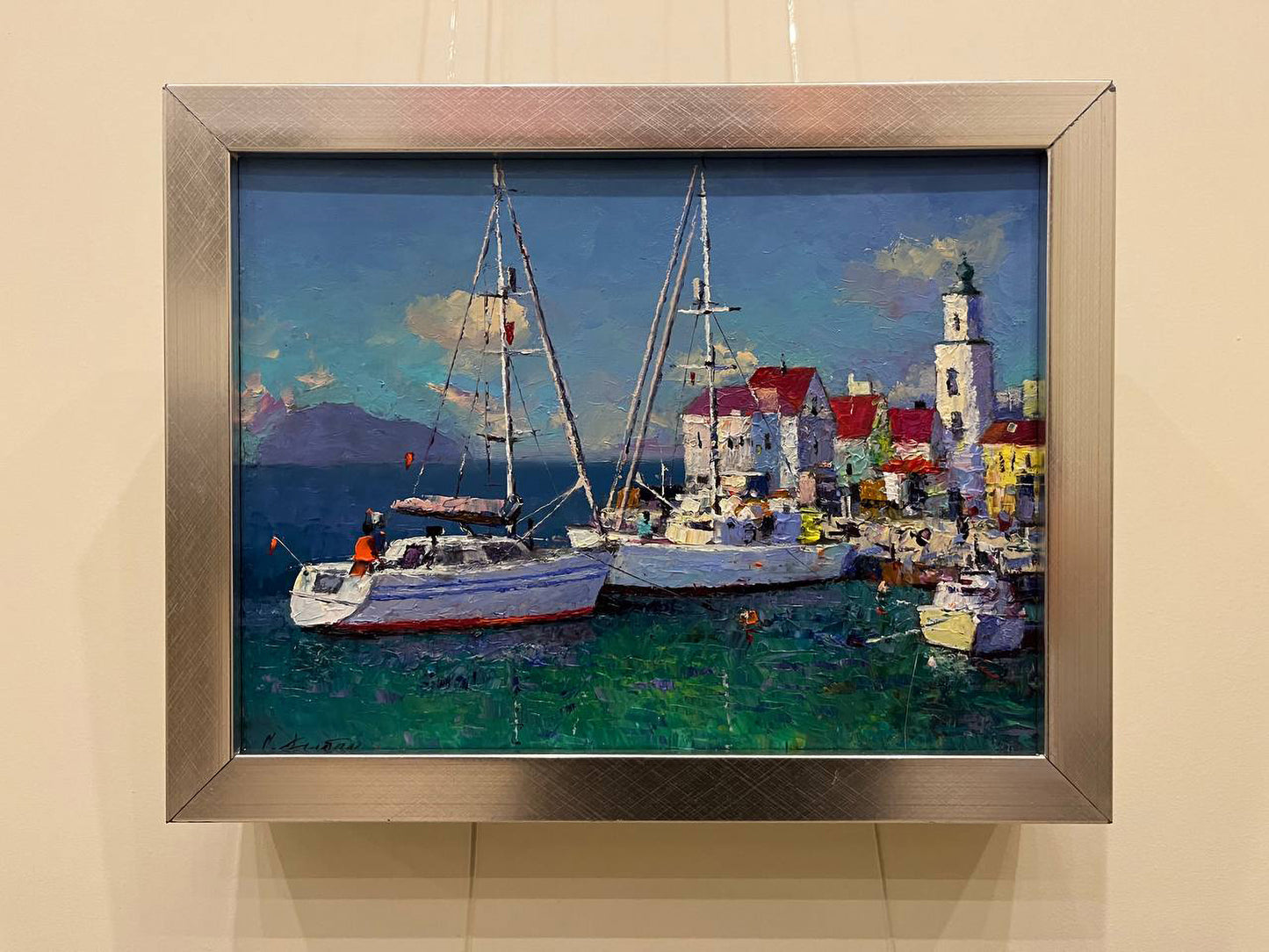 Oil painting Ships at the shore by Serhiy Rybak in silver frame