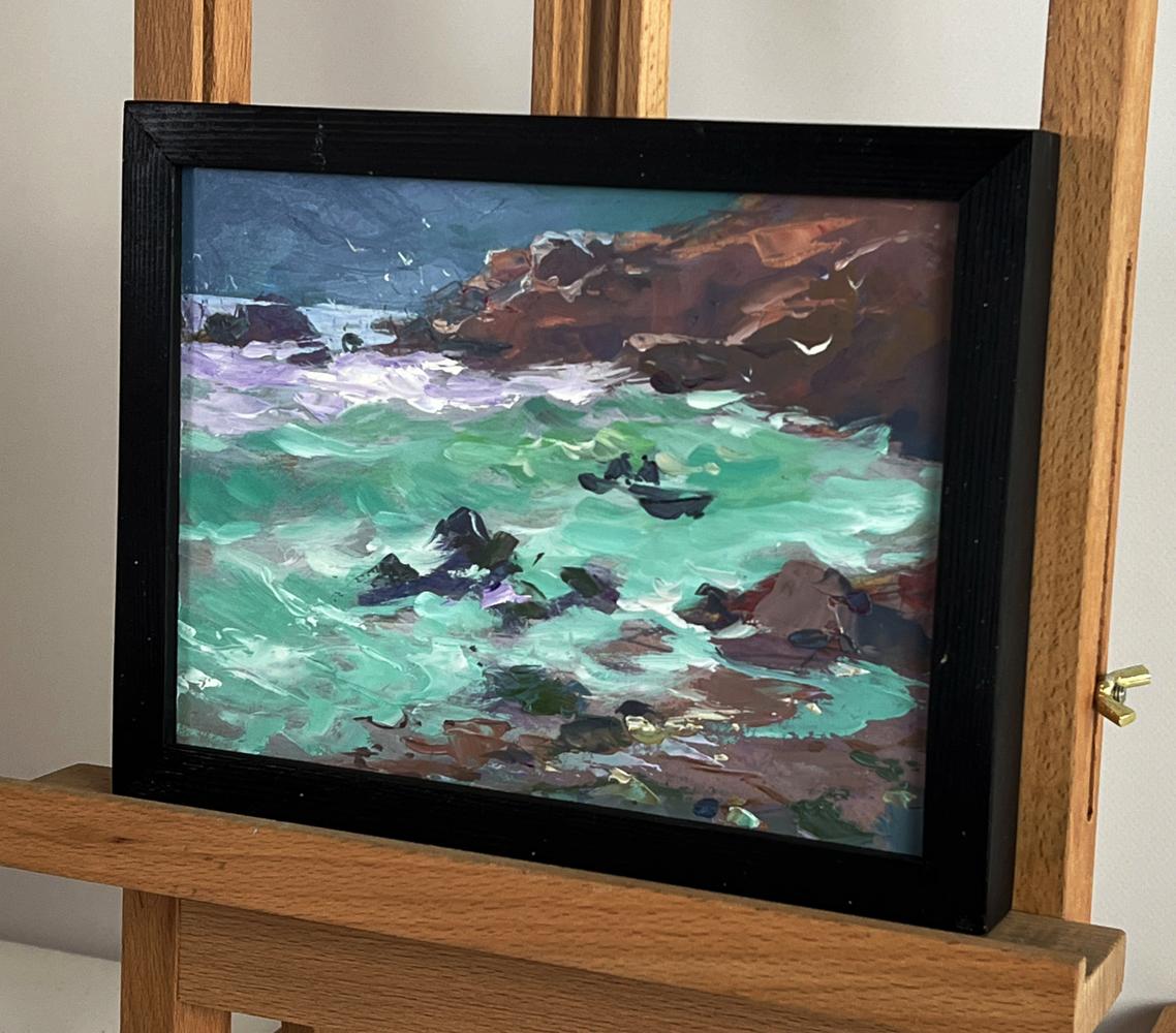Oil painting Waves at the seashore by Yuriy Suprunchuk, turbulent turquoise coastal scene