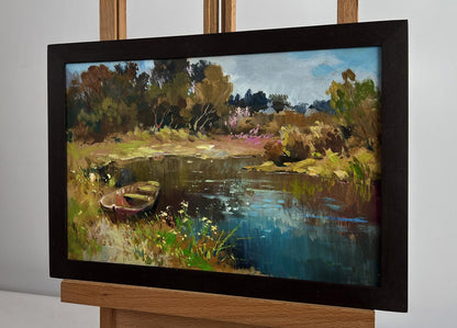 Oil painting Preparing for a boat trip by Yuriy Suprunchuk in black frame