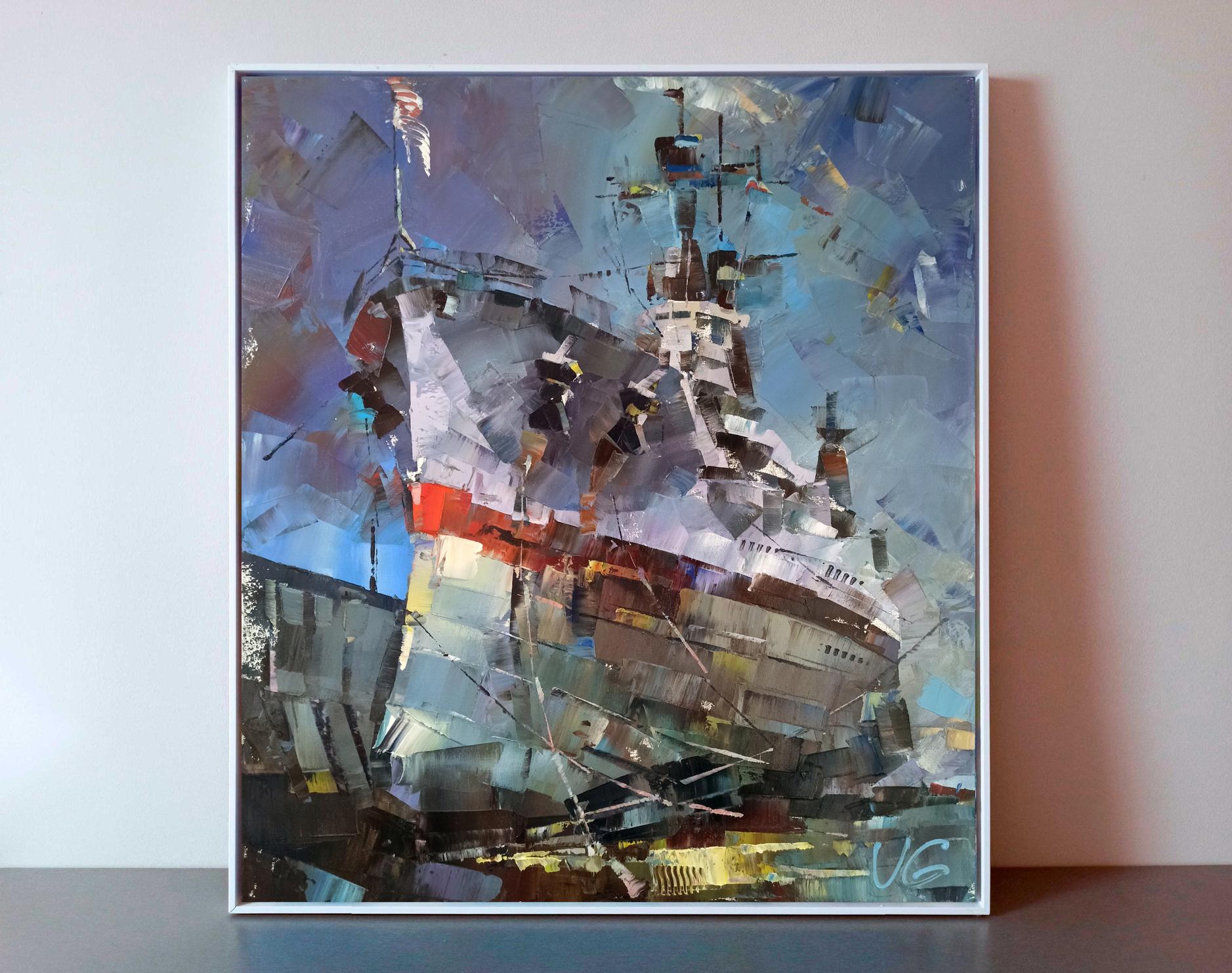 Oil painting of USS Texas BB-35 in dry dock at Norfolk, textured blues