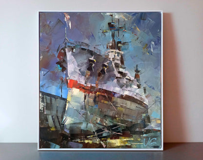 Oil painting of USS Texas BB-35 in dry dock at Norfolk, textured blues
