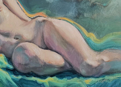 Impressionistic oil painting of figure dreamy girl Oksana Osnach on teal waves