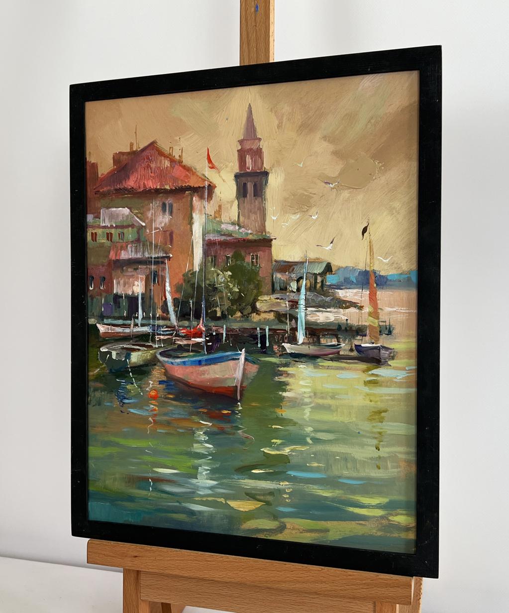 Oil painting of Venice port at sunset by Yuriy Suprunchuk in black frame