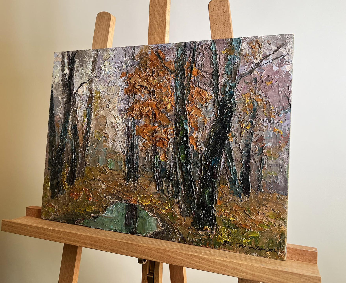 Oil painting Cloudy autumn day by Boris Serdyuk on wooden easel