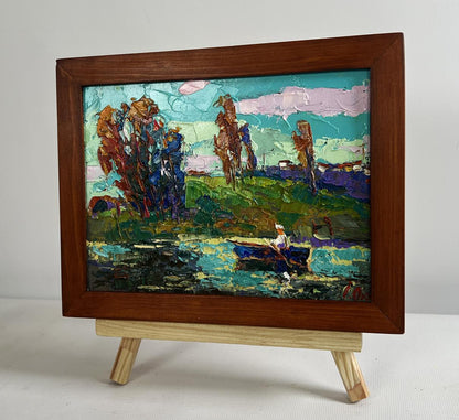Oil painting Relaxation on the River by Oksana Ivanyuk in wooden frame