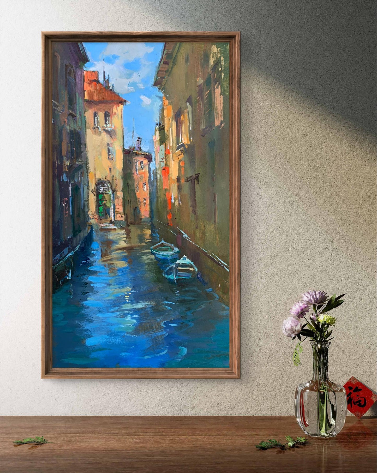 Framed oil painting by Yuriy Suprunchuk of sunlit canal with boats