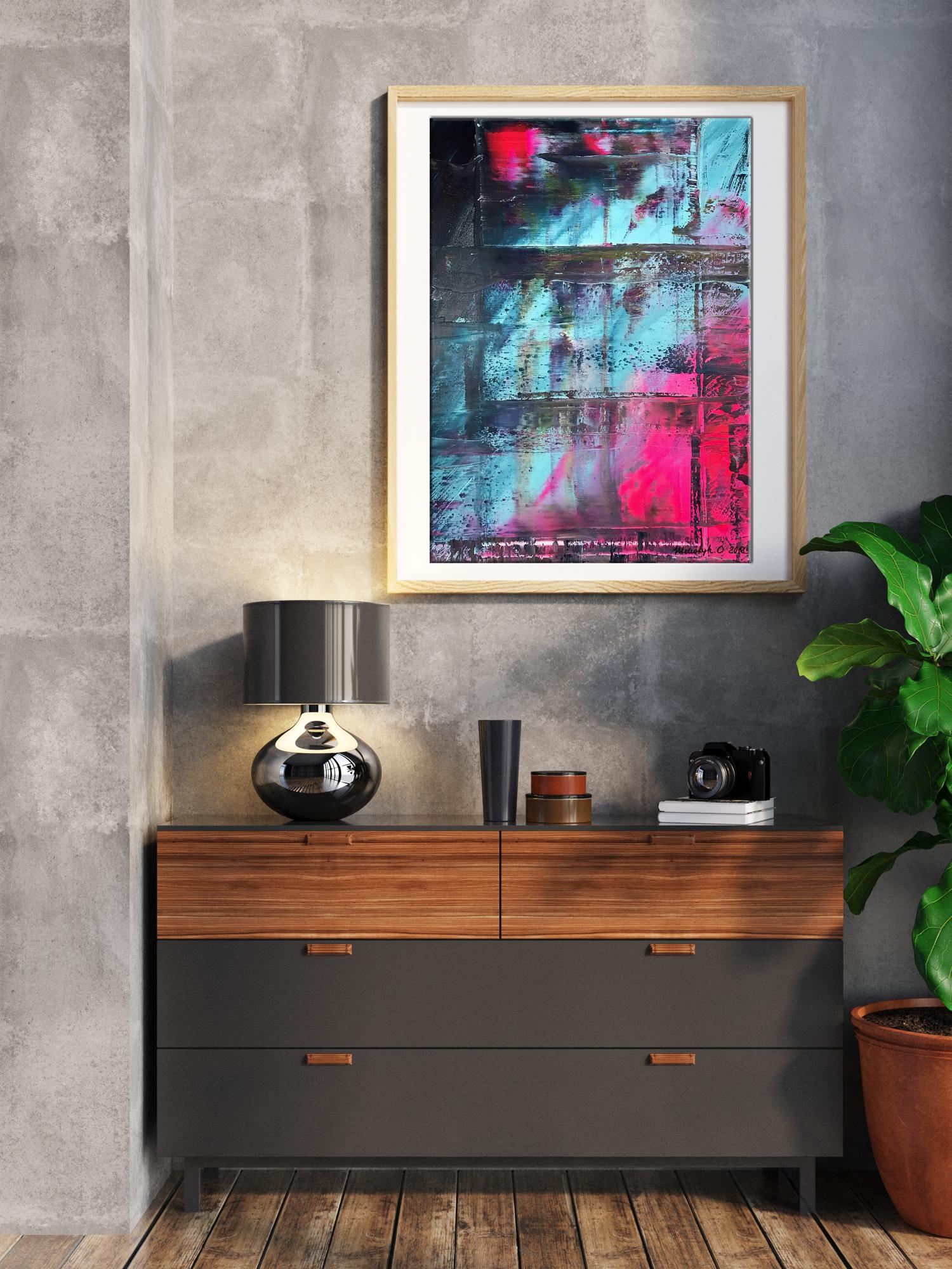 Acrylic painting My kingdom by Olga Melezhik in light wood frame