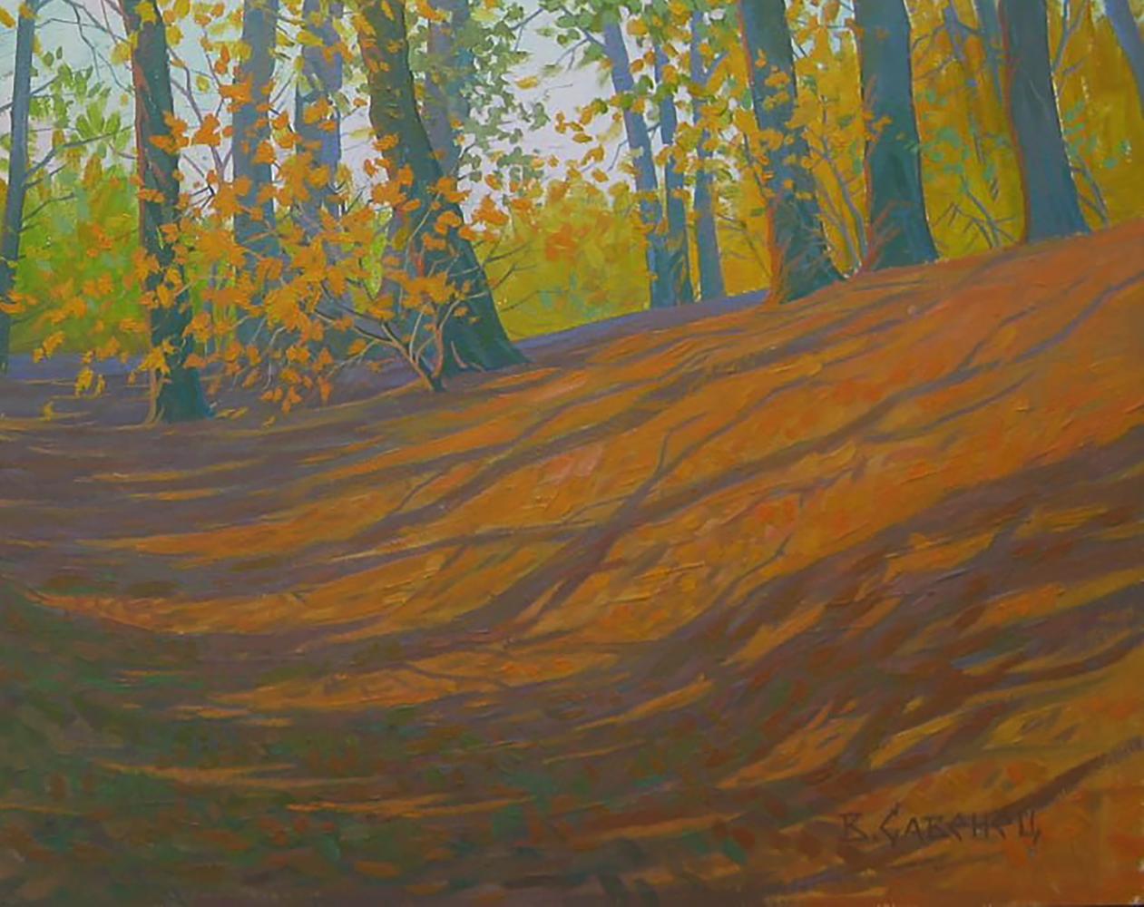 Oil painting Autumn sunny day by Valery Savenets: warm orange forest scene