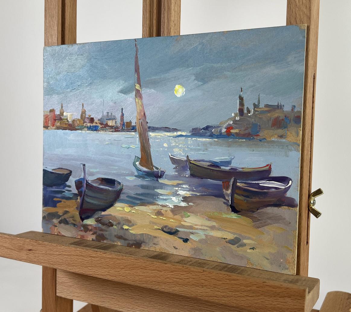 Serene impressionist oil painting by Yuriy Suprunchuk: boats under moonlit harbor dusk