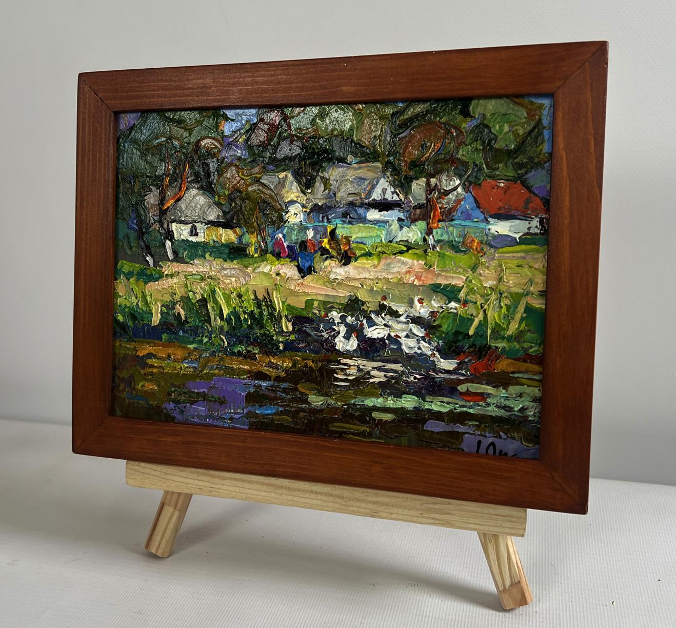Oil painting by Oksana Ivanyuk: ducks swimming in vibrant village river scene