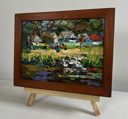 Oil painting by Oksana Ivanyuk: ducks swimming in vibrant village river scene