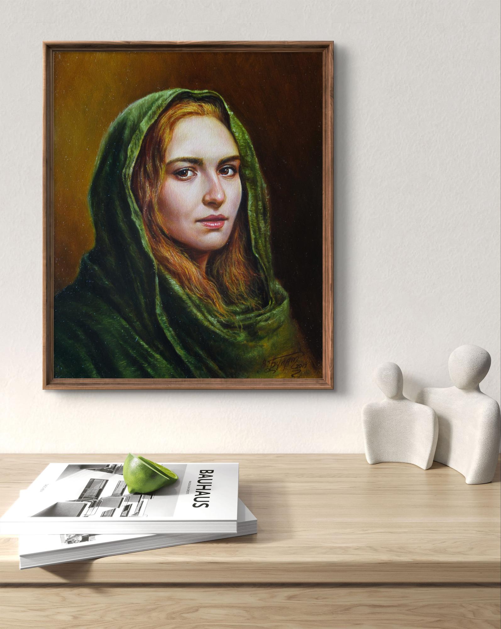 Oil painting Fox by Valeriy Bulat: woman in green velvet hood
