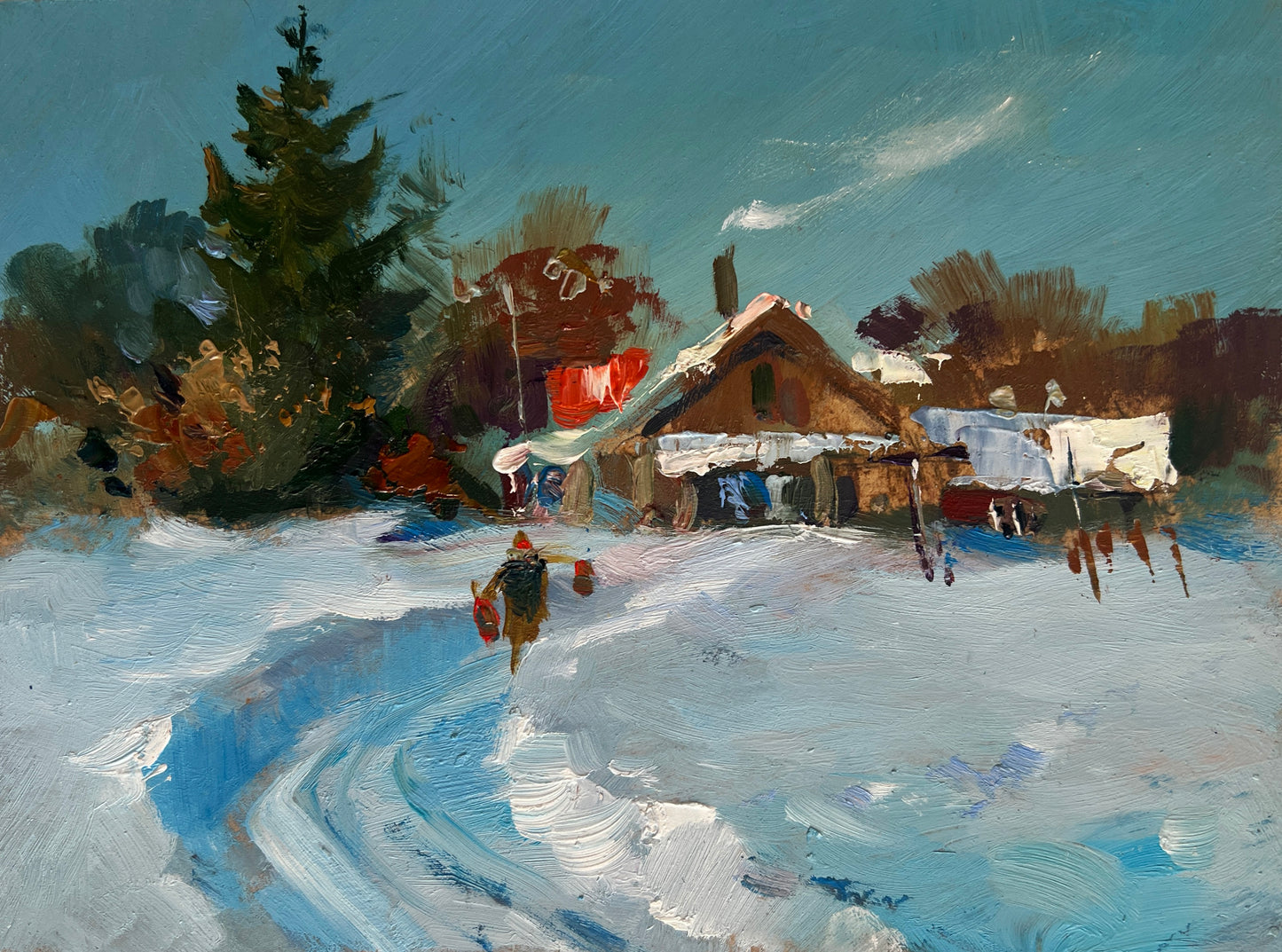 Rustic snowy wooden house with red laundry by Yuriy Suprunchuk fine art