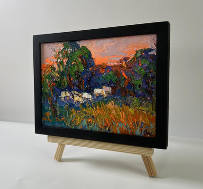 Oil painting Forest evening by Oksana Ivanyuk in black frame