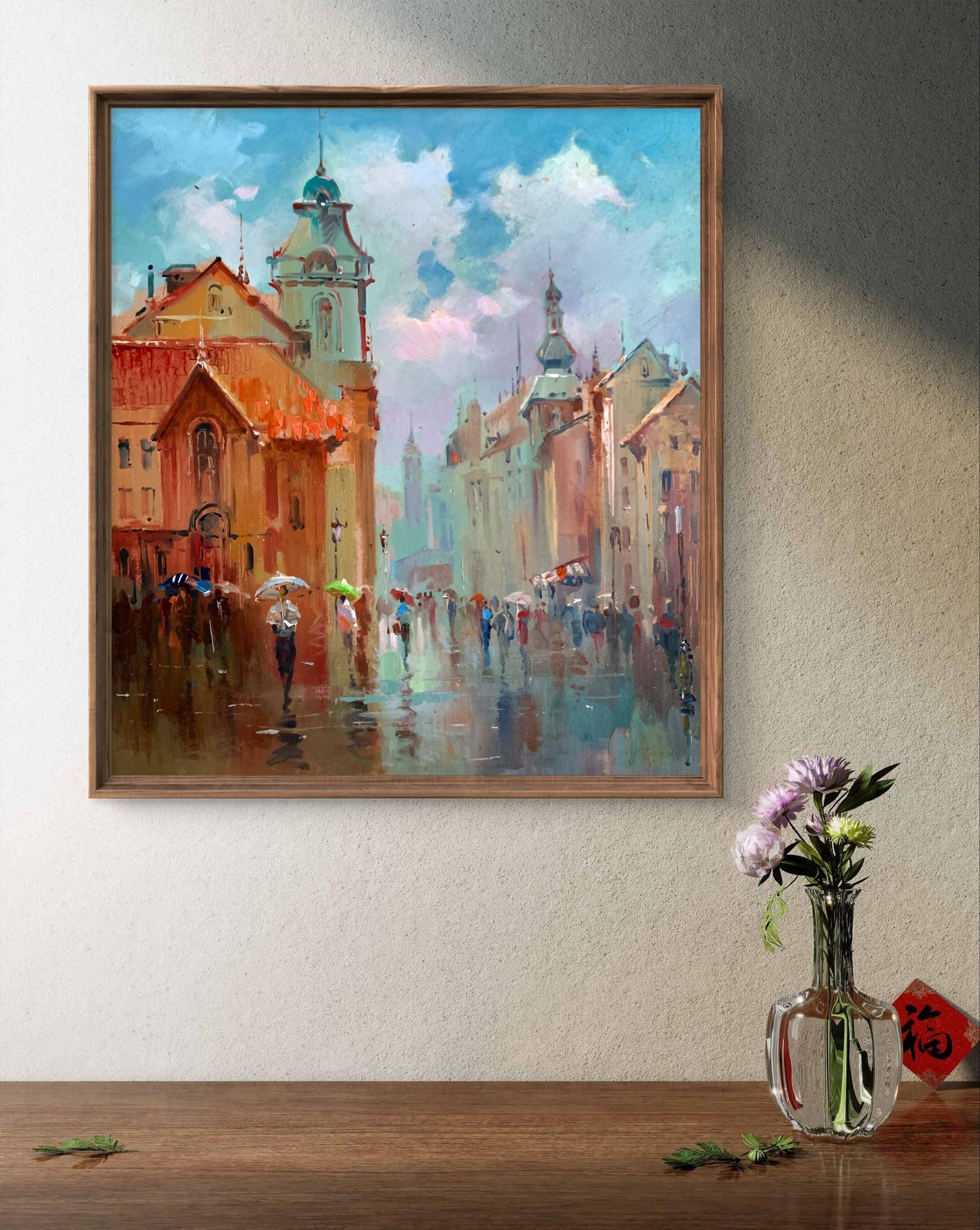 Framed oil painting Dynamics of Urban Life by Yuriy Suprunchuk, rainy European street
