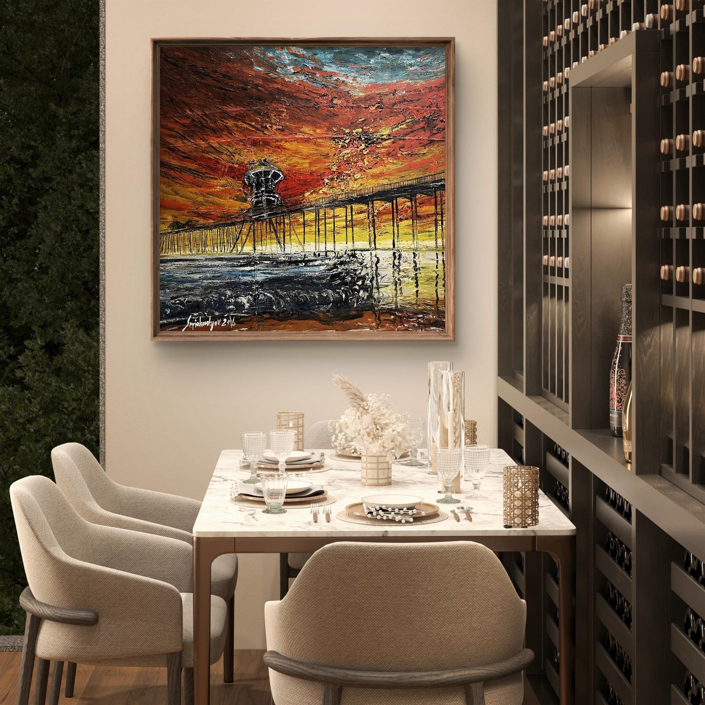 Oil painting of vibrant sunset pier by Serhiy Kovalev