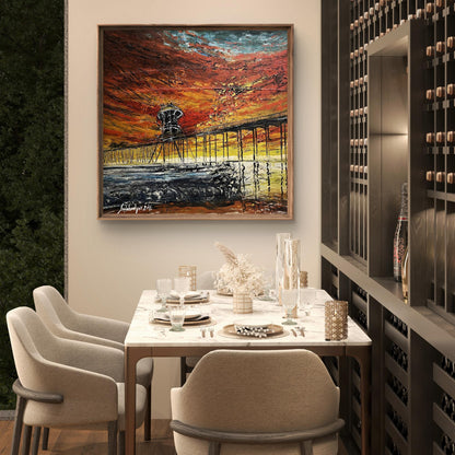 Oil painting of vibrant sunset pier by Serhiy Kovalev