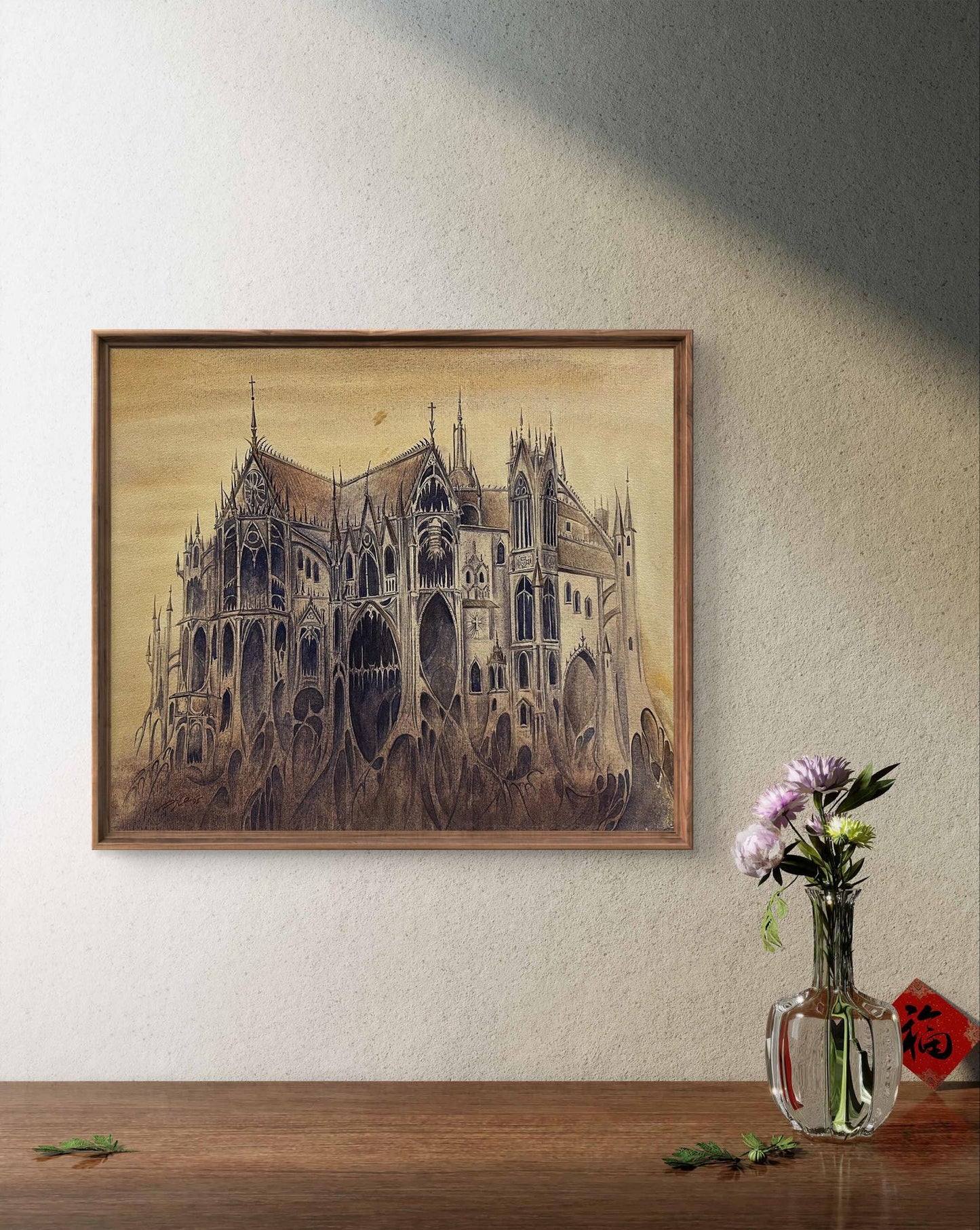 Framed watercolor Inquisition gothic cathedral by Dmytro Startsev