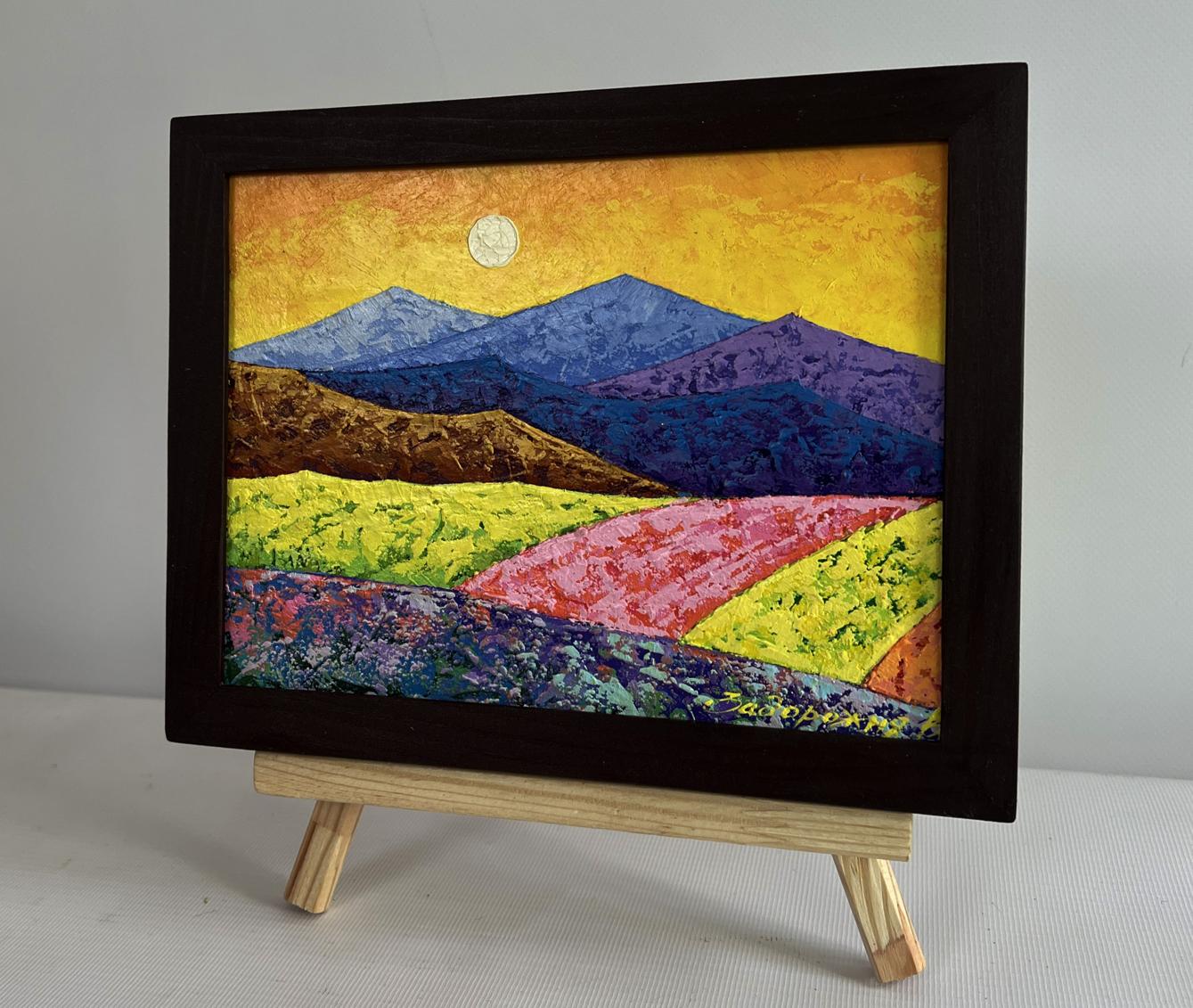 Oil painting Climbing to the top of the mountain by V. Zadorozhnya in black frame