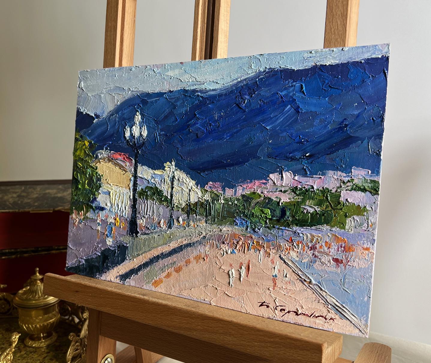 Oil painting City embankment by Boris Serdyuk, vibrant blue mountains and seaside promenade