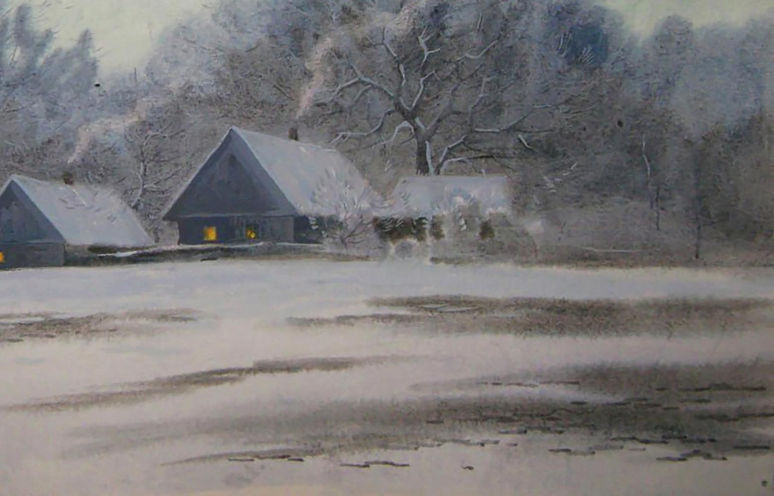 Watercolor winter village painting by Valery Savenets: snow-covered houses