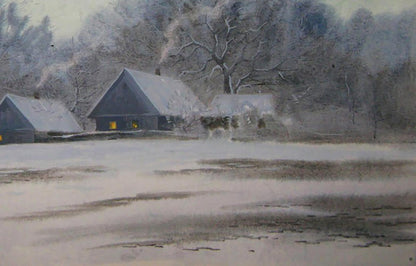 Watercolor winter village painting by Valery Savenets: snow-covered houses