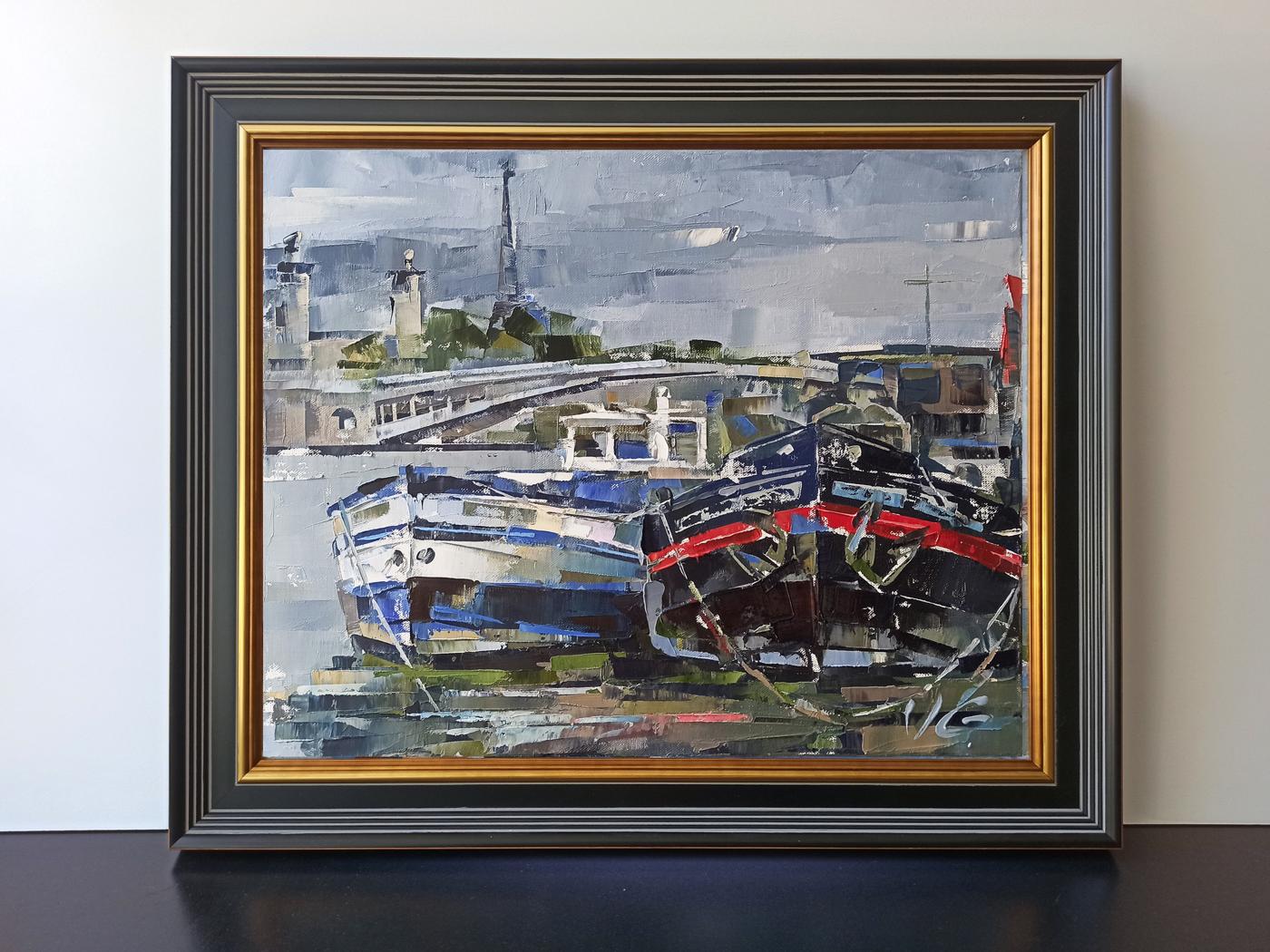 Oil painting by Volodymyr Gluhomanyuk: boats on river with Eiffel Tower, framed