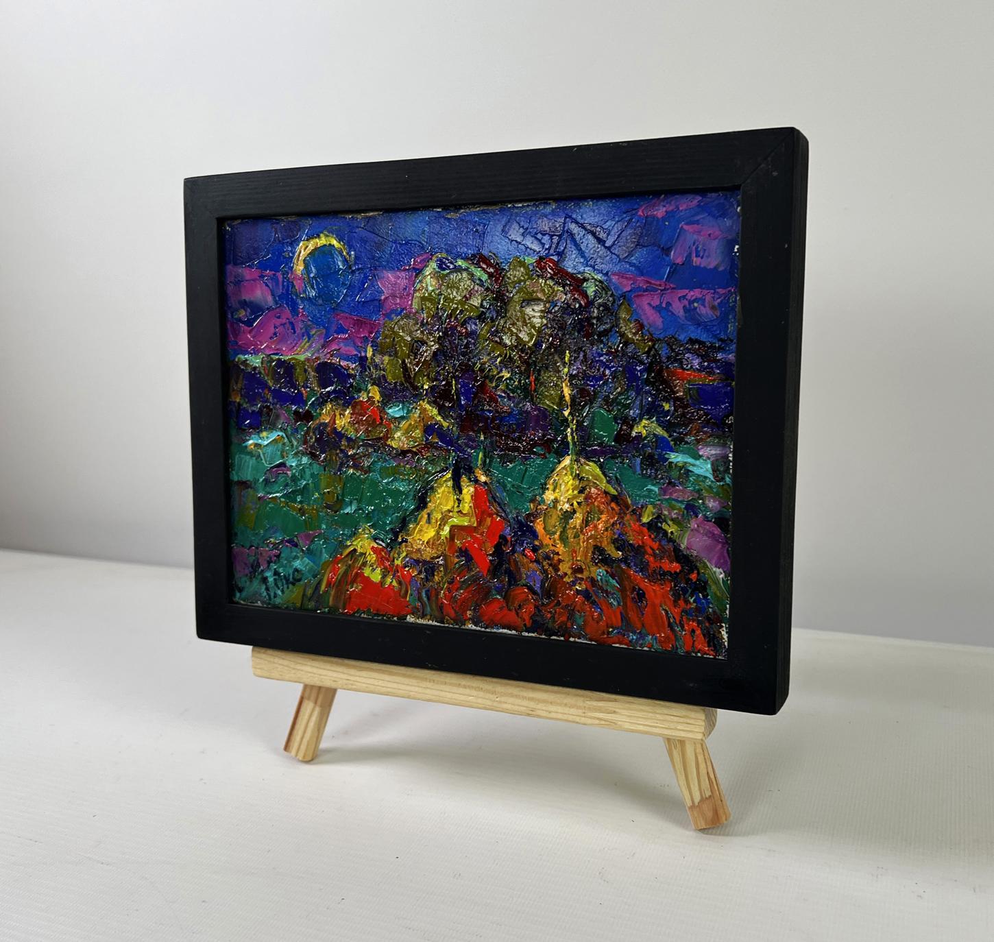 Oil painting Silence shining with a silver sky by Oksana Ivanyuk in black frame
