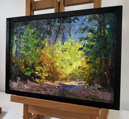 Vibrant impressionist oil painting of forest by Boris Serdyuk in black frame