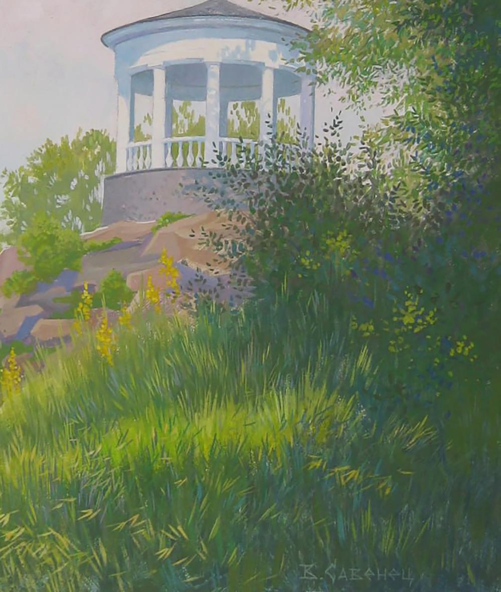 White columned gazebo with dark roof in Valery Savenets summer morning park painting