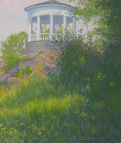 White columned gazebo with dark roof in Valery Savenets summer morning park painting