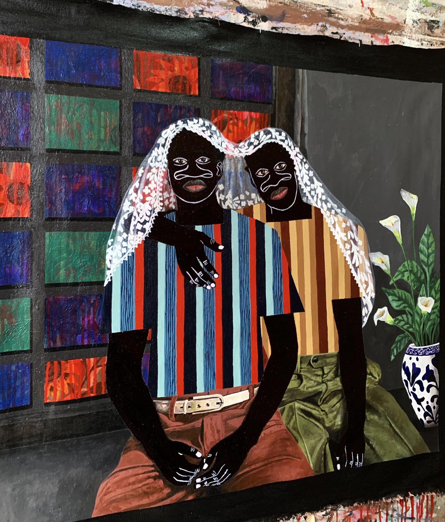 Acrylic painting Under one Blanket by Akintomide Akinshola, vibrant abstract figures