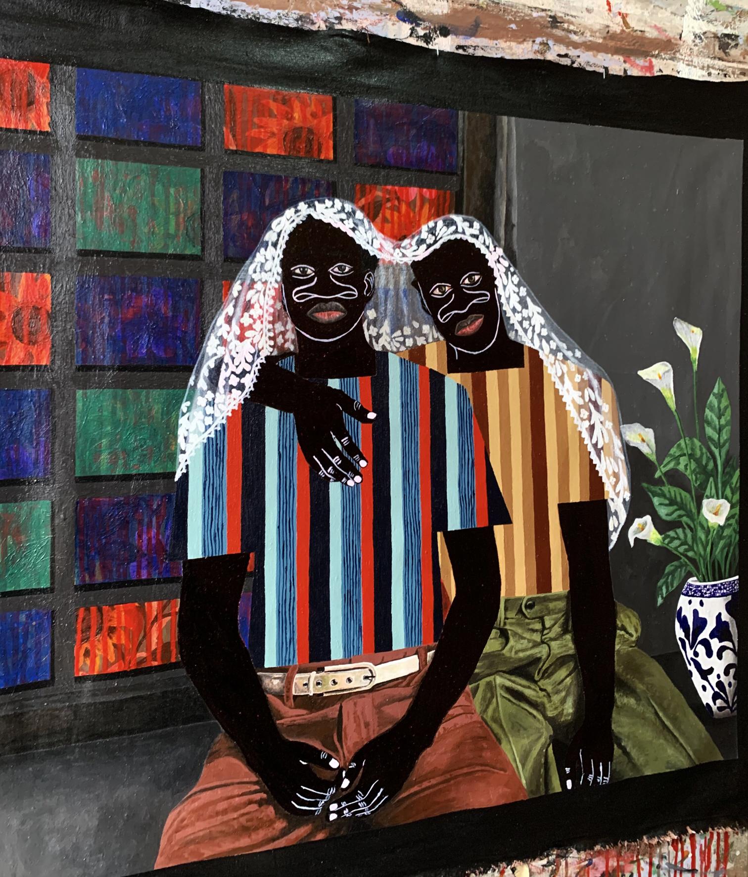 Acrylic painting Under one Blanket by Akintomide Akinshola, vibrant abstract figures
