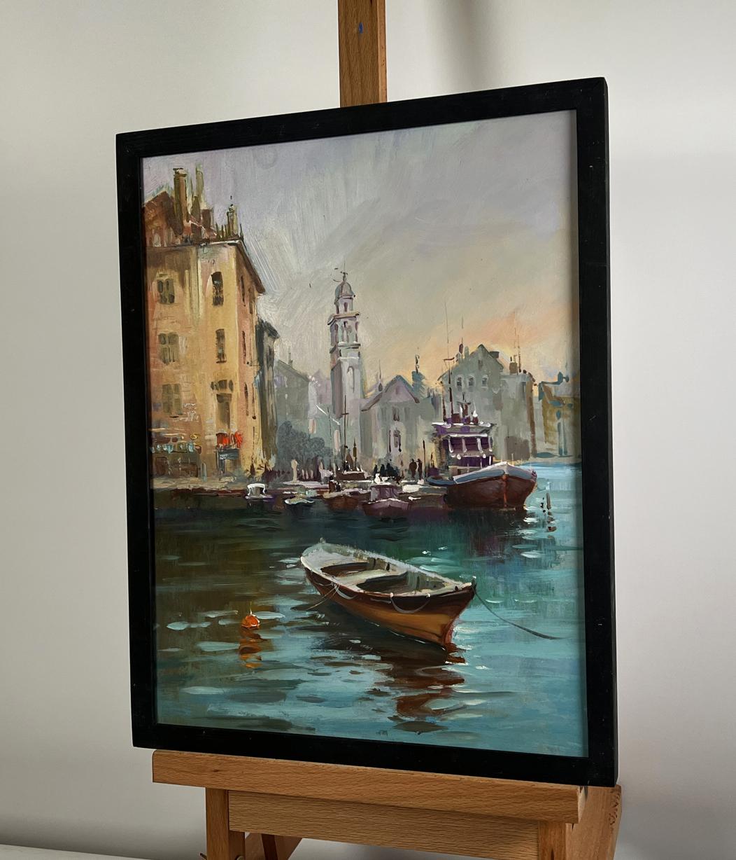 Framed oil painting of serene Venetian harbor by Yuriy Suprunchuk