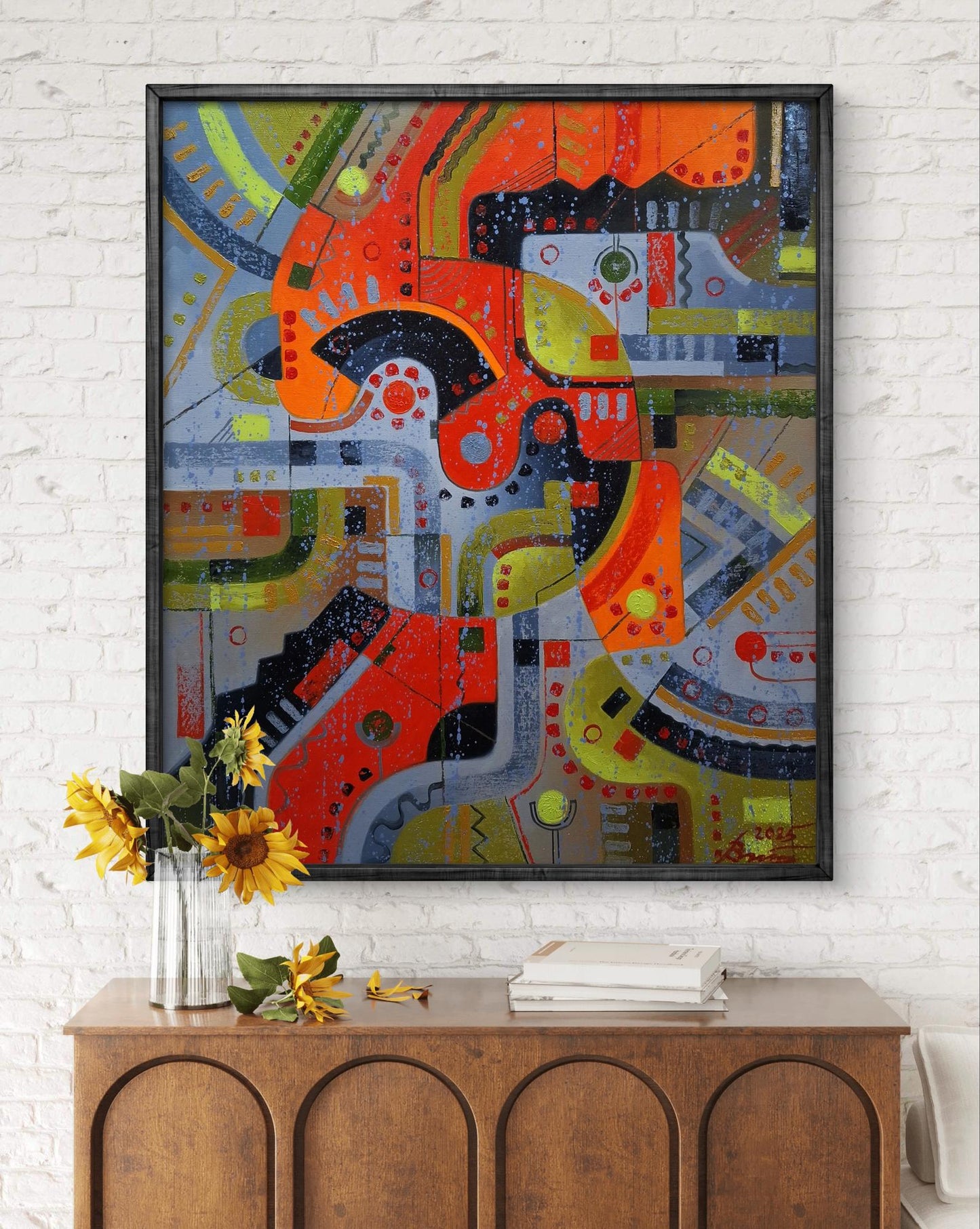 Vibrant abstract oil painting A Walk Around the City by Sergiy Voichenko in black frame