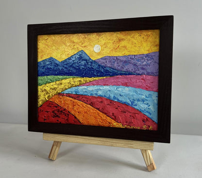 Oil painting Yellow sunset over the mountain by V. Zadorozhnya in black frame