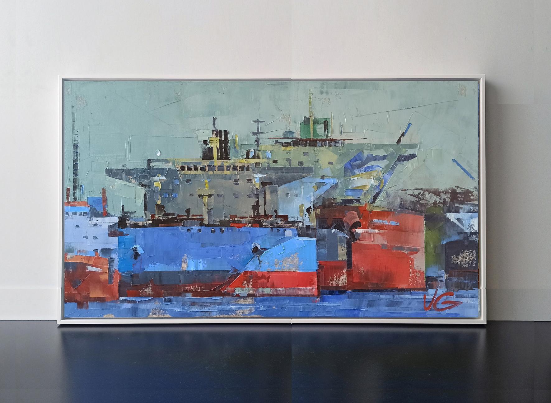 Oil painting Big ships Volodymyr Gluhomanyuk framed harbor scene