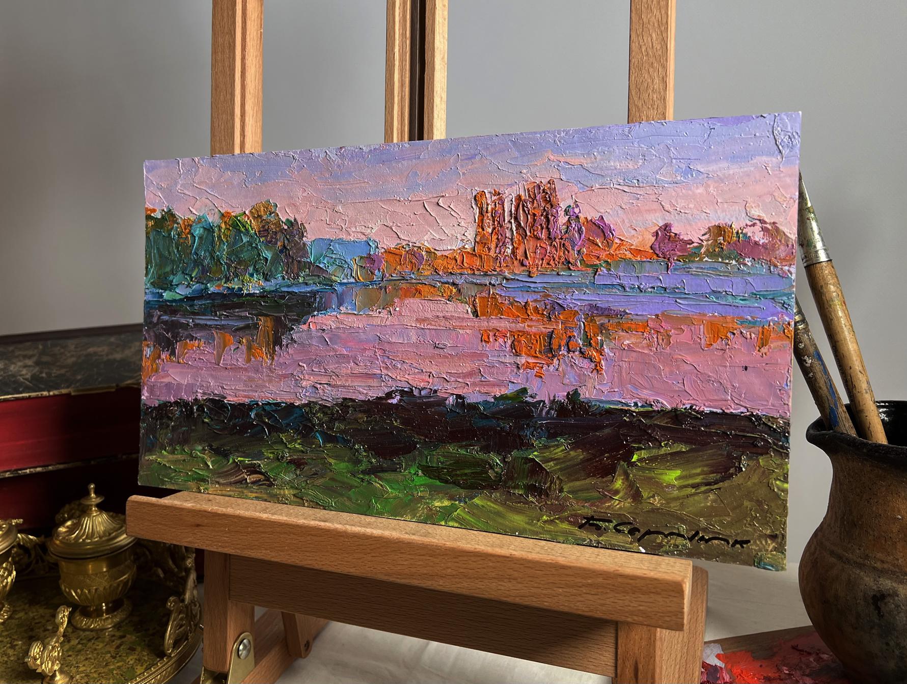 Oil painting Evening on the River by Boris Serdyuk, vibrant impressionist dusk scene