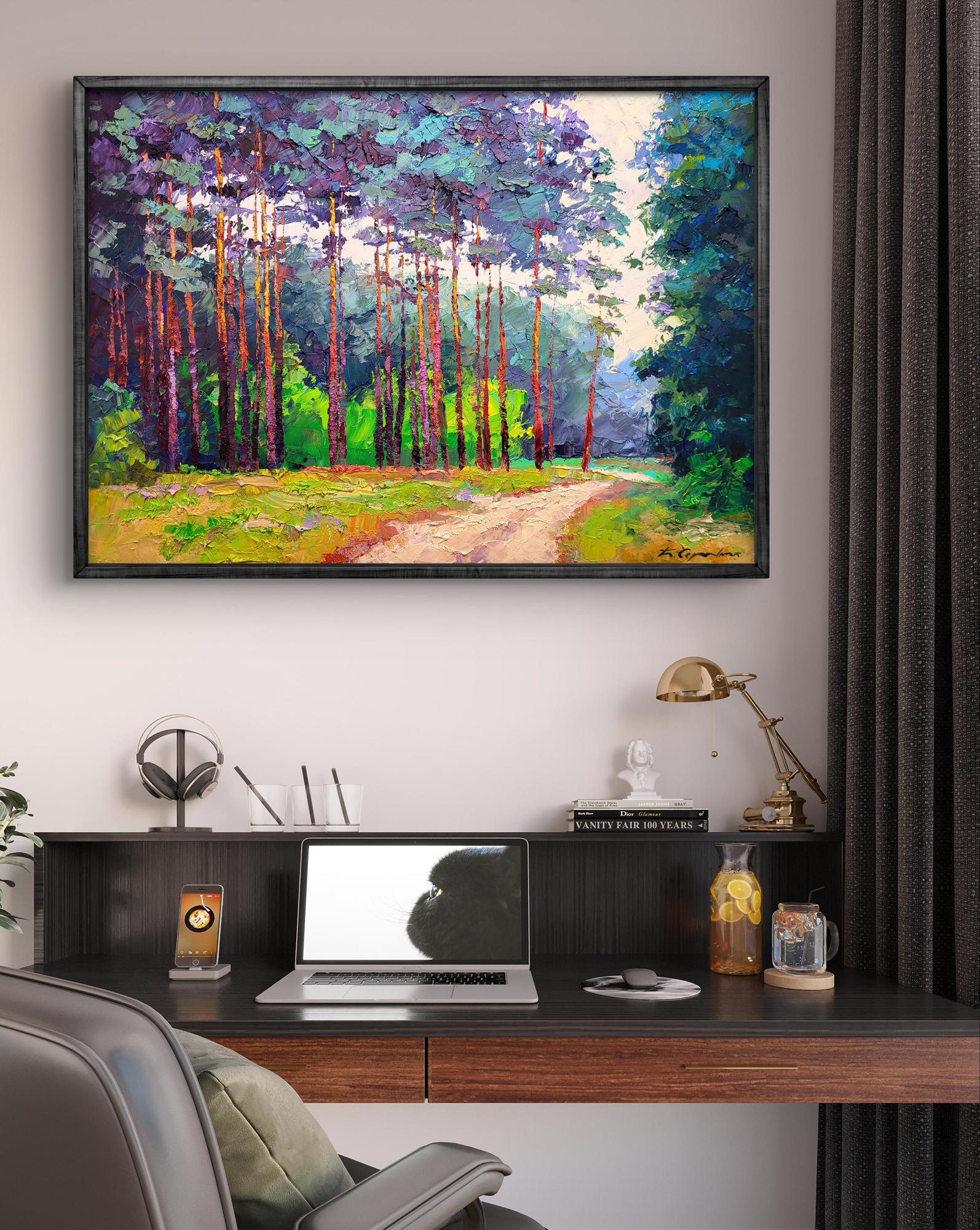 Oil painting Forest road by Boris Serdyuk, vibrant purple green trees and path