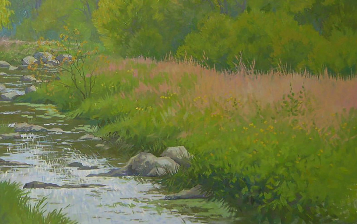 Oil painting of serene river flowing through lush forest by Valery Savenets