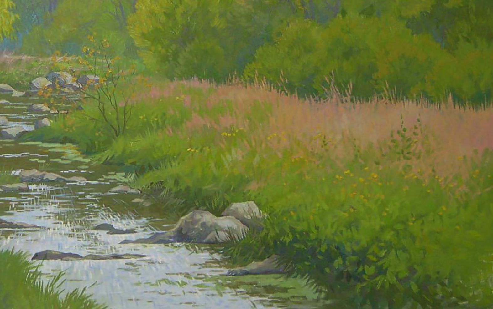 Oil painting of serene river flowing through lush forest by Valery Savenets