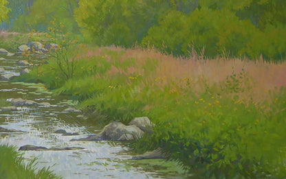 Oil painting of serene river flowing through lush forest by Valery Savenets
