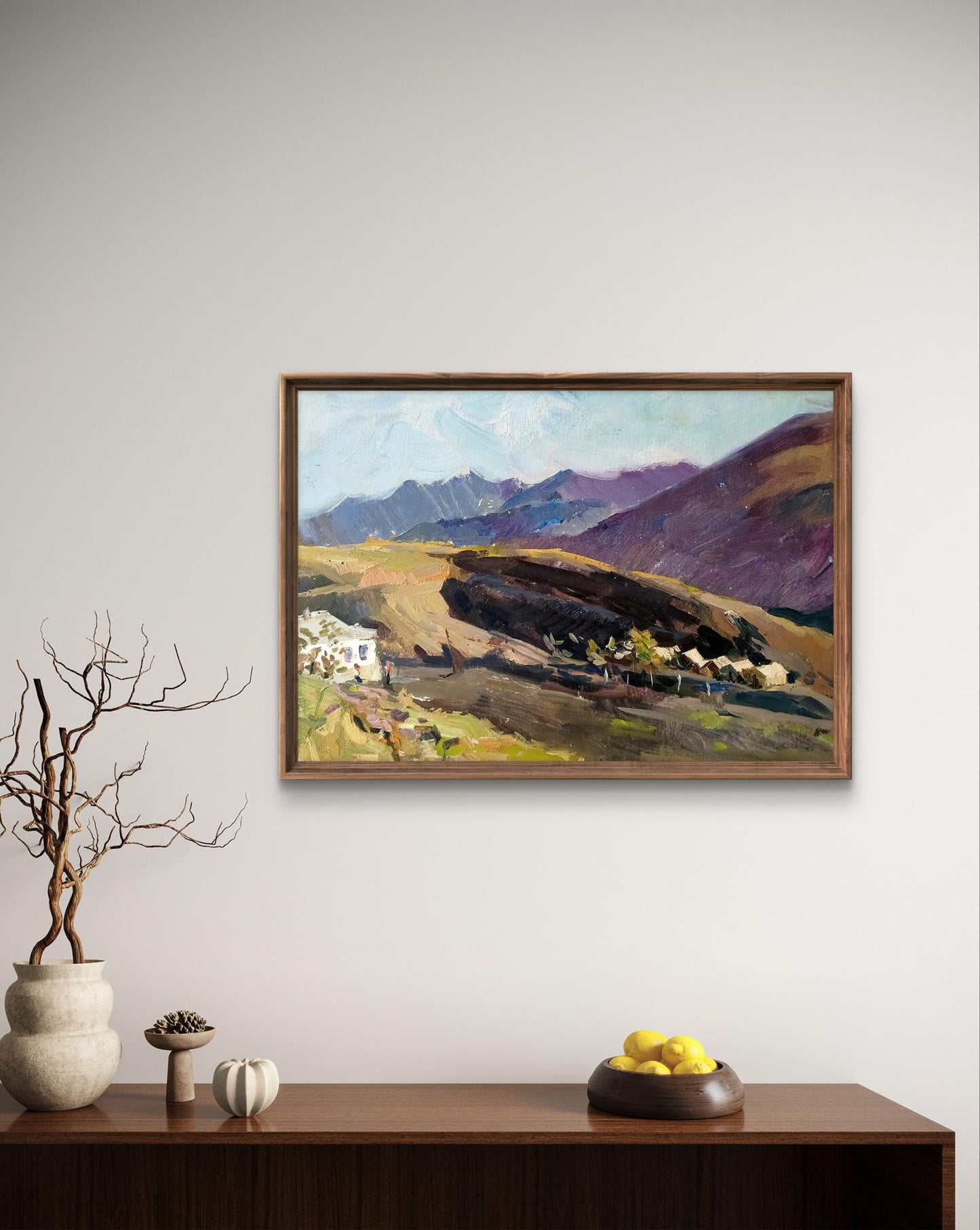 Oil painting Houses in the Valley by Oleksandr Andreev, framed landscape
