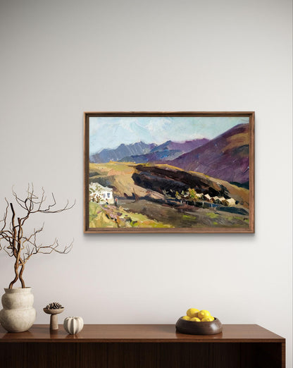 Oil painting Houses in the Valley by Oleksandr Andreev, framed landscape
