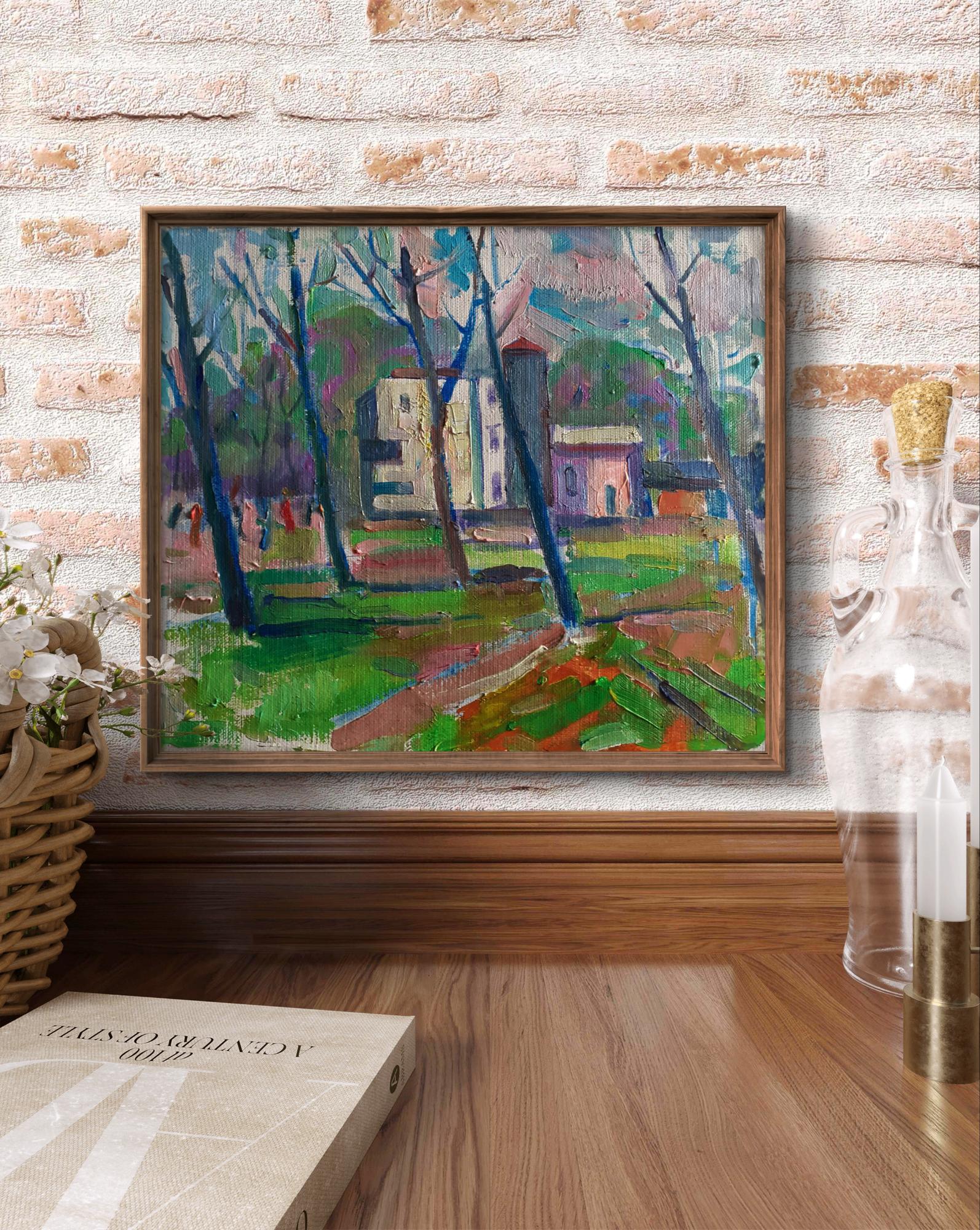 Oil painting Spring in the park Pavel Dobrev village scene in brown frame