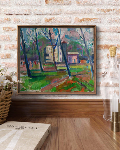 Oil painting Spring in the park Pavel Dobrev village scene in brown frame