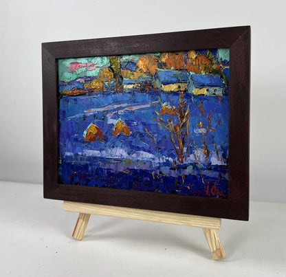 Oil painting Frosty stars in evening sky by Oksana Ivanyuk, snowy village scene