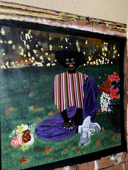 Acrylic painting Held by the night by Akintomide Akinshola with stylized figure