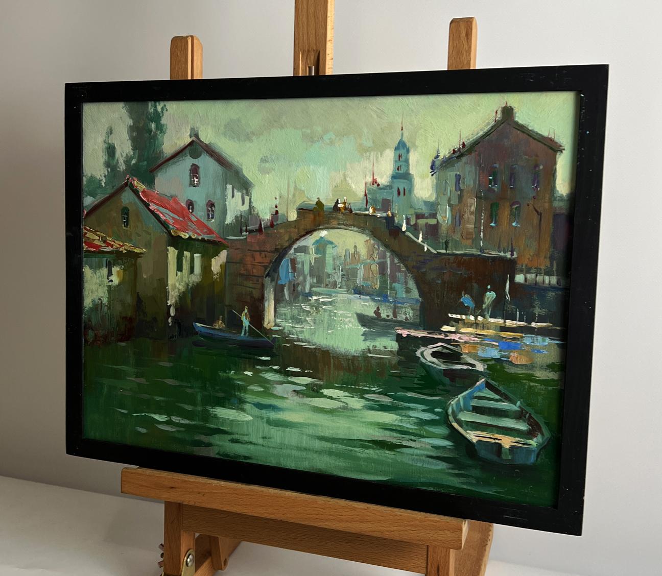Oil painting of Venice canal by Yuriy Suprunchuk with bridges and boats