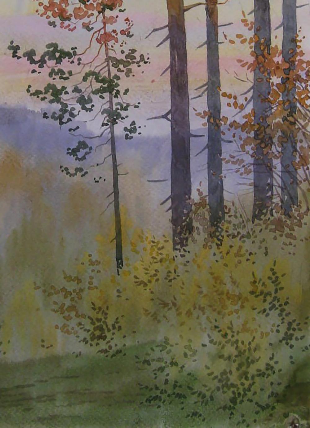 Watercolor Evening Forest painting by Valery Savenets with autumn foliage